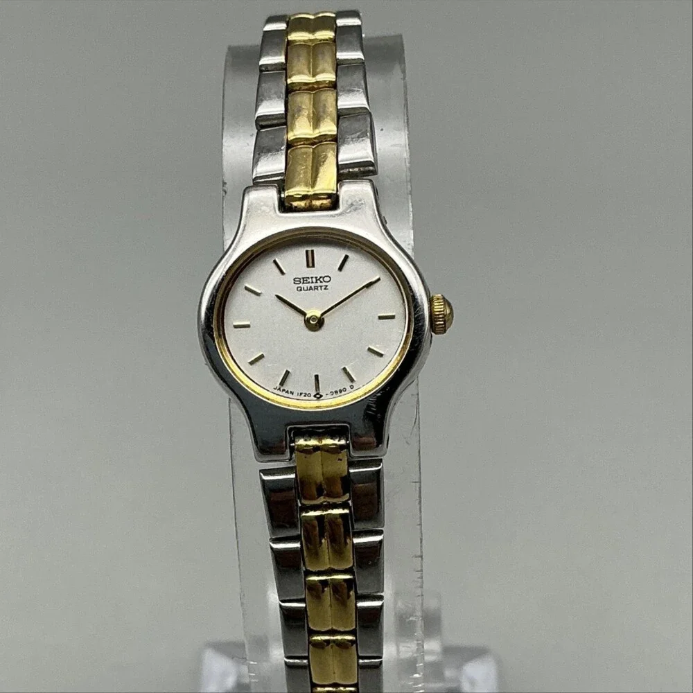 Vintage Seiko Womens Watch 17mm Oval Two Tone Band 1F20-5B2 New Battery 6.75